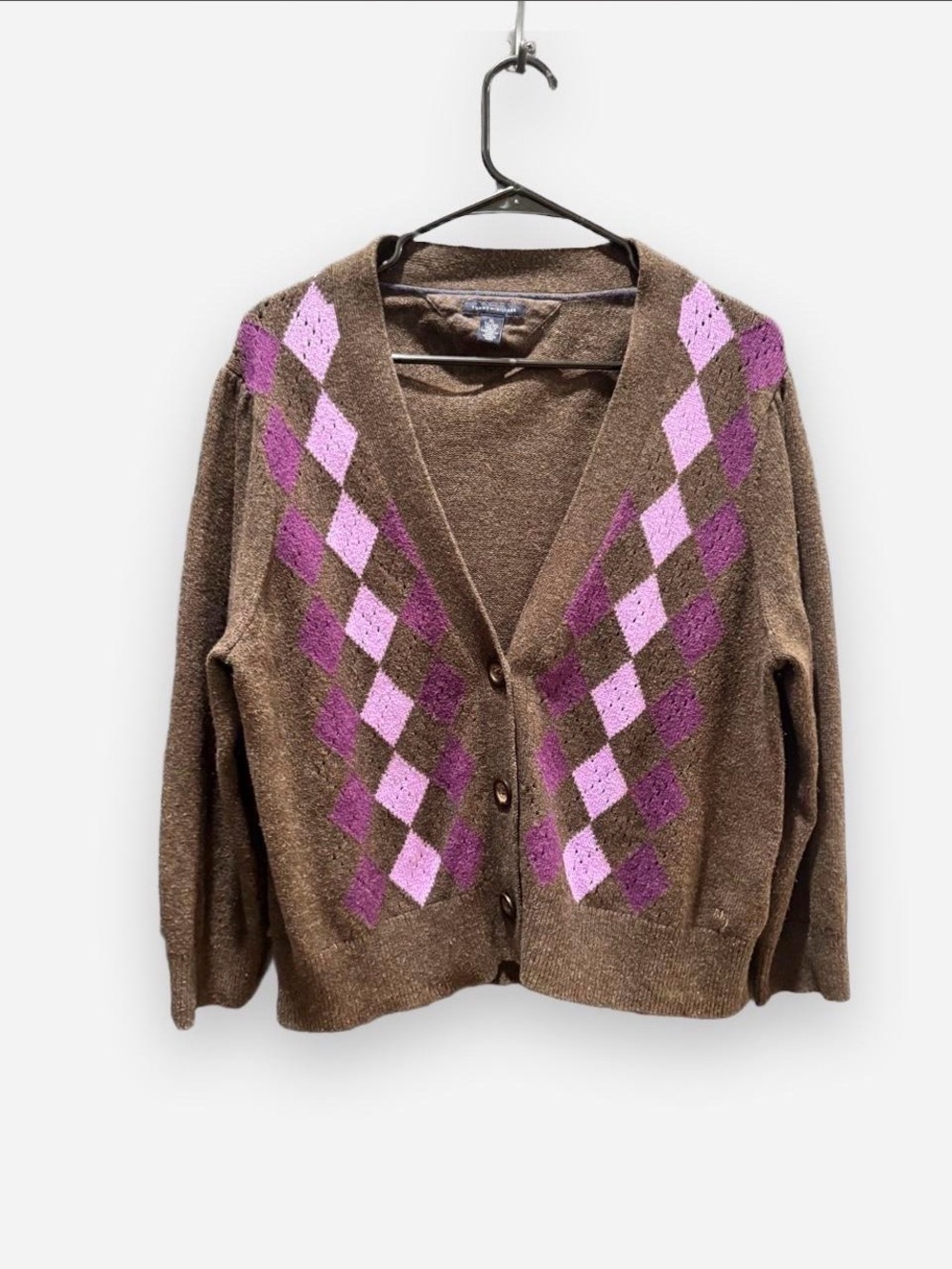 Super cute Tommy Hilfiger Brown Cardigan with Purple Argyle.Y2K preppy fall